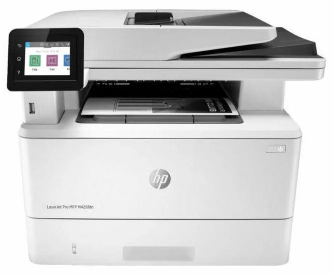 White rectangular office printer with 2.7 inch colour touchscreen, paper tray and automatic document feeder