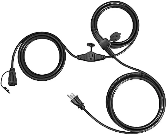 Orange 25 ft outdoor extension cord with three evenly spaced grounded outlets and weatherproof safety covers