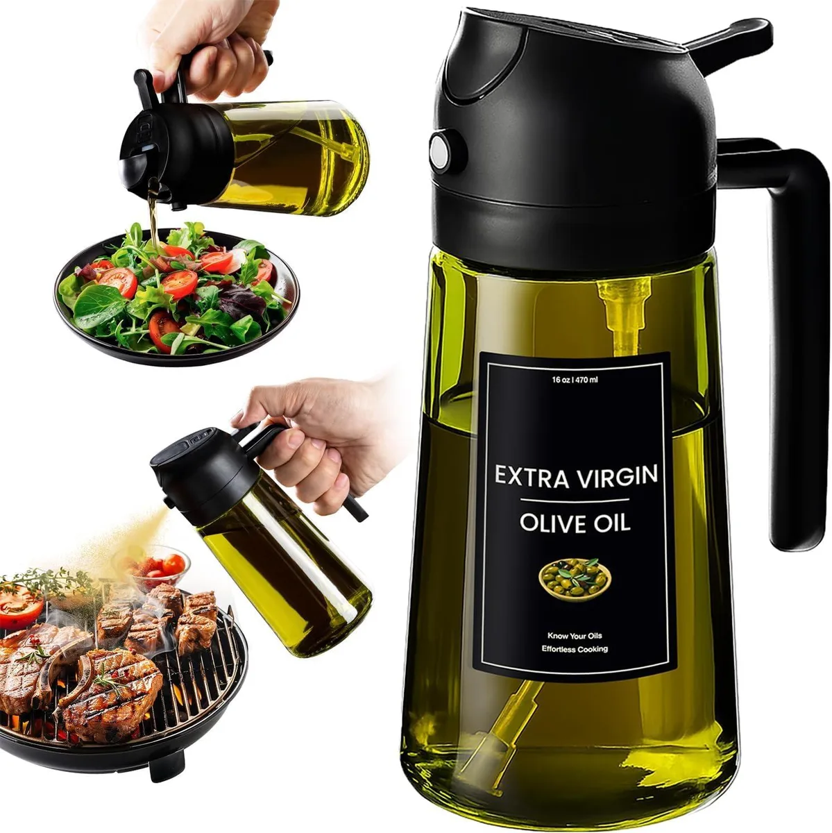 Black glass oil dispenser with spray trigger and pour spout, square 470 ml bottle