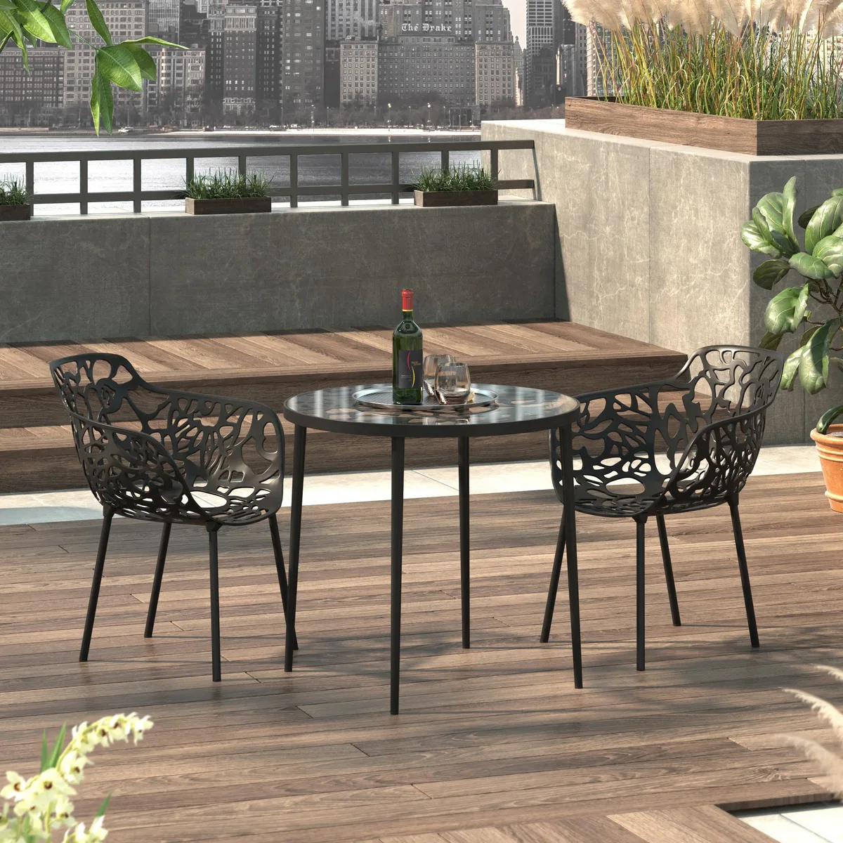 LeisureMod LeisureMod Devon Tree Design Glass Top Aluminum Bistro Table Black — product photo