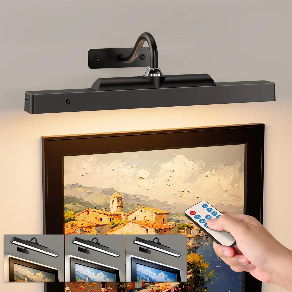 Black 12-inch LED picture light with crystal glass and remote control