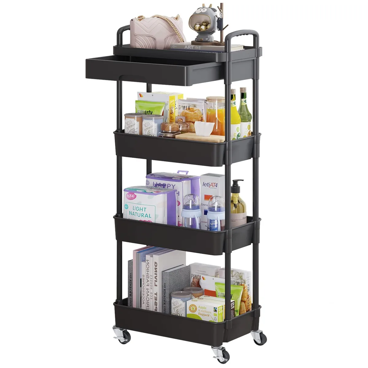  Calmootey 4-Tier Utility Cart with Drawer, Black, 29 x 39 x 107.5 cm — product photo
