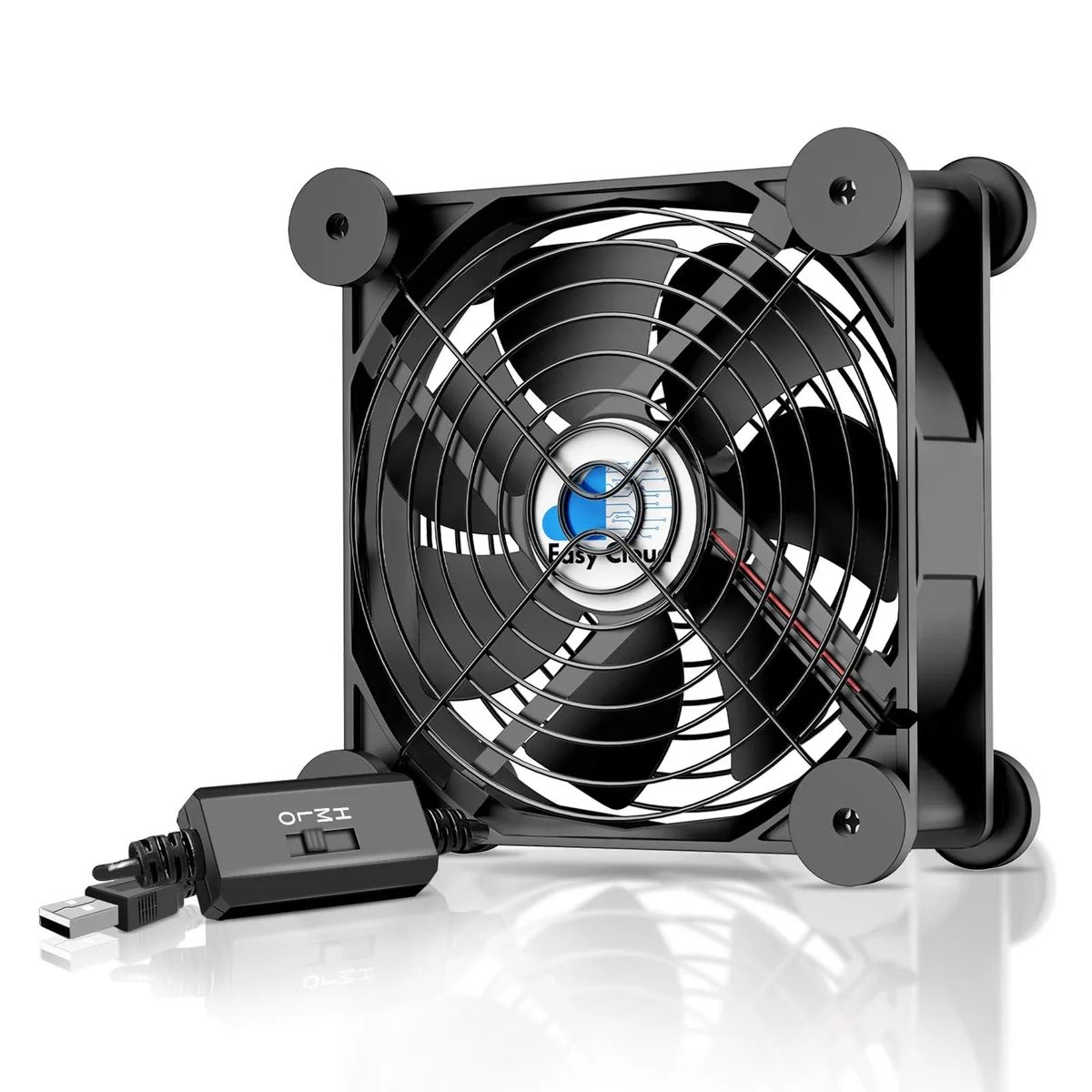 Black 120 mm square USB fan with anti-vibration feet and inline speed controller