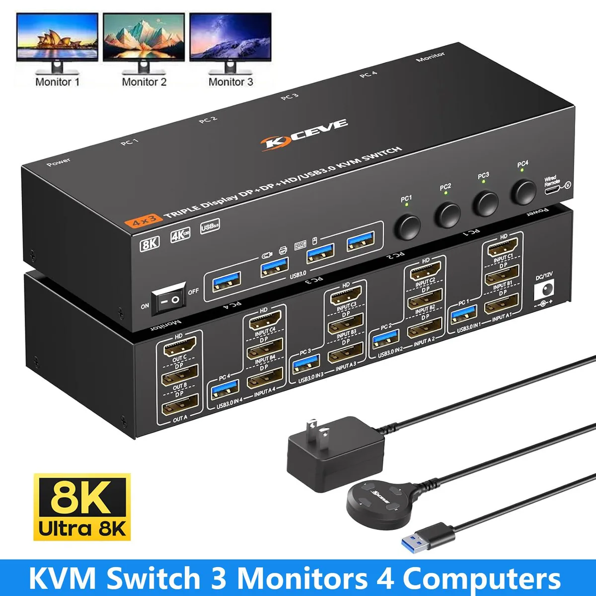 AUTYUE AUTYUE KC-KVM403DH KVM Switch 4×3 2DP+HDMI USB 3.0 12V — product photo