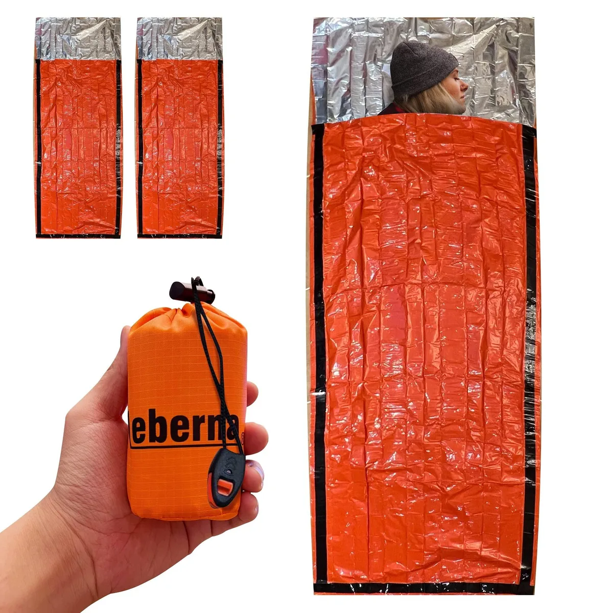 Two beige rectangular mylar sleeping bags with drawstring stuff sacks