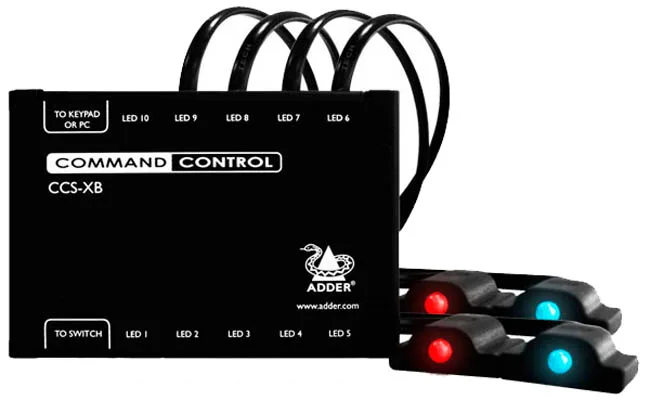 Small rectangular LED module with four indicator lights and thin oval cables
