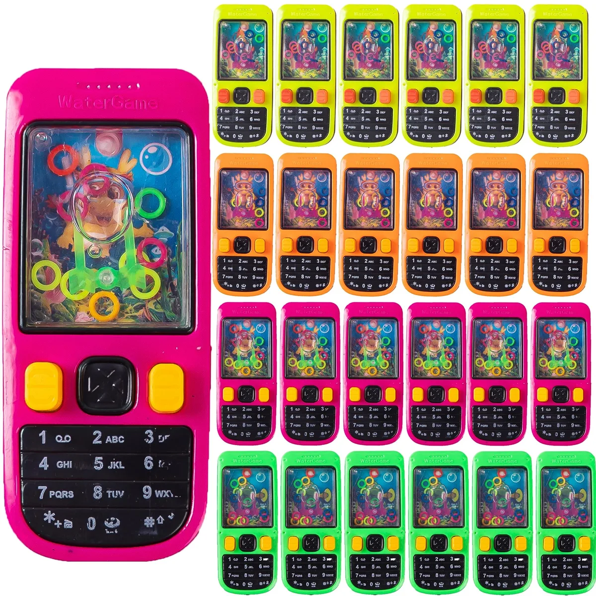 Twenty-four colourful plastic handheld water ring games each 4.2 inches wide