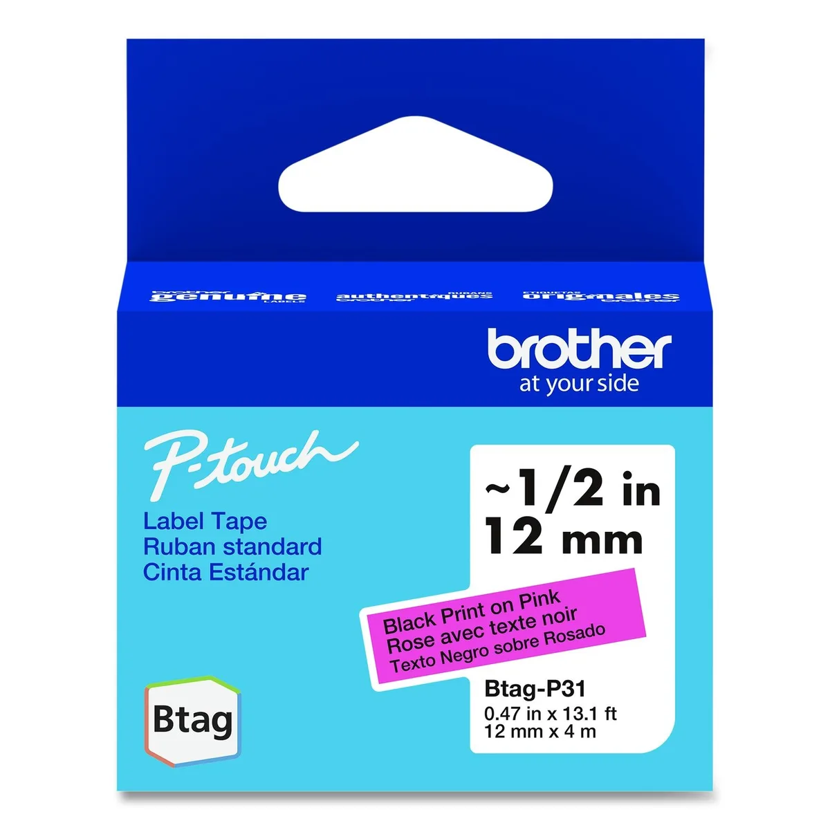 Brother Brother P-Touch BTAG Label Tape 0.47" x 13.1 ft Black on Pink — product photo
