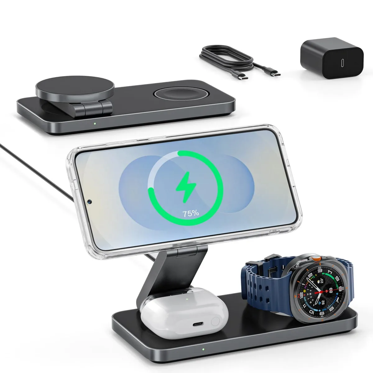 Foldable 3-in-1 magnetic wireless charger stand in dark finish with phone, watch and earbud pads