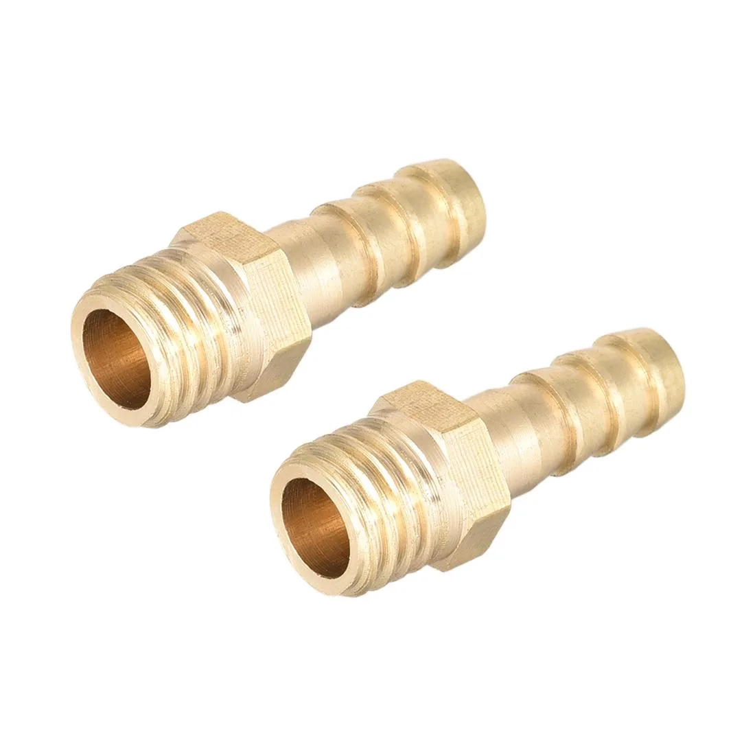 Two brass hose fittings with M12 threads and 8mm barbs, gold tone finish