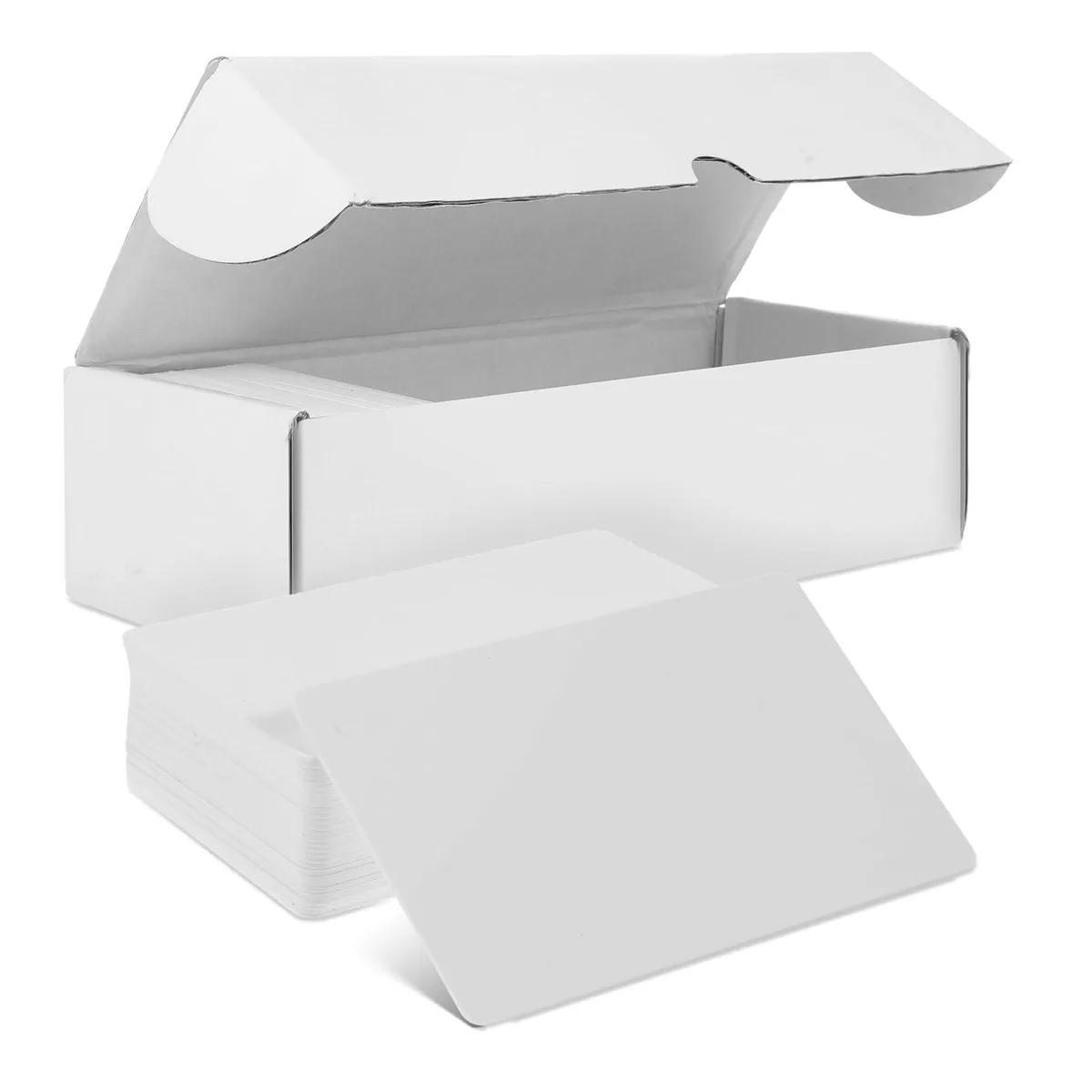Stack of one hundred white rectangular PVC NFC tags measuring 8.55 by 5.4 centimetres