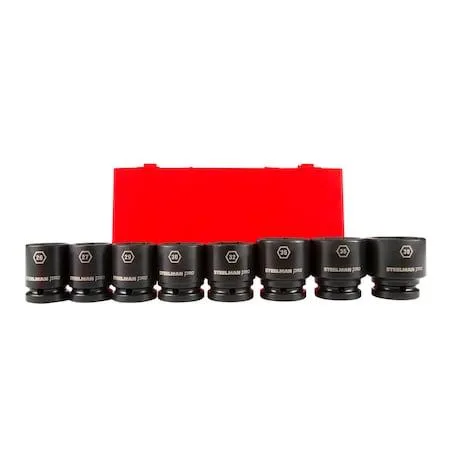 Eight black phosphate metric impact sockets in a clear case
