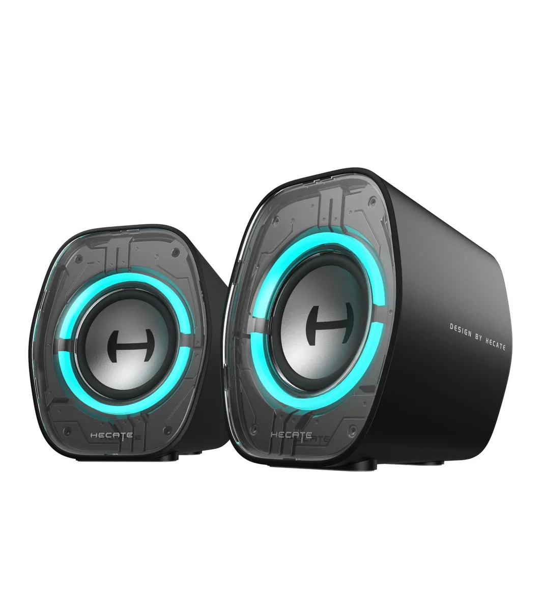 Black desktop speaker pair with 2.5 inch drivers and RGB lighting