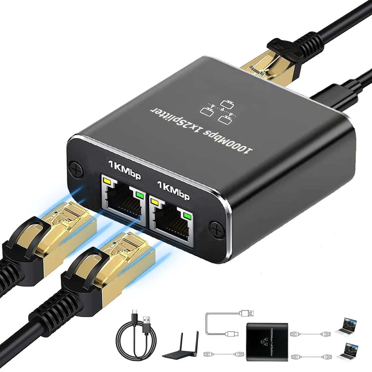 Gigabit Ethernet Splitter 1 to 2 USB Powered 1000Mbps Black — product photo
