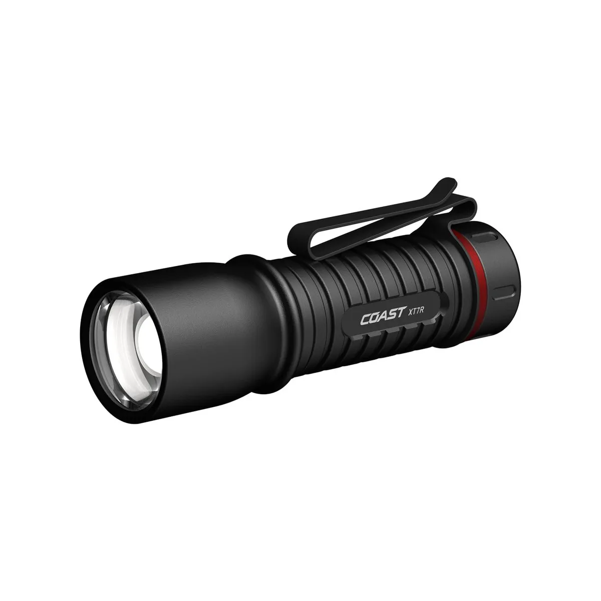 Black cylindrical flashlight with pocket clip and magnetic base