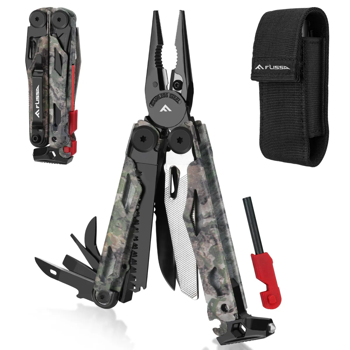 Twelve camo folding multitool pliers with sheaths, 4.33 inches closed