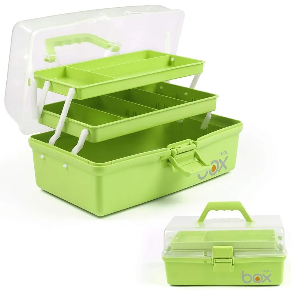 Green 12-inch three-layer plastic storage box with handle and adjustable dividers