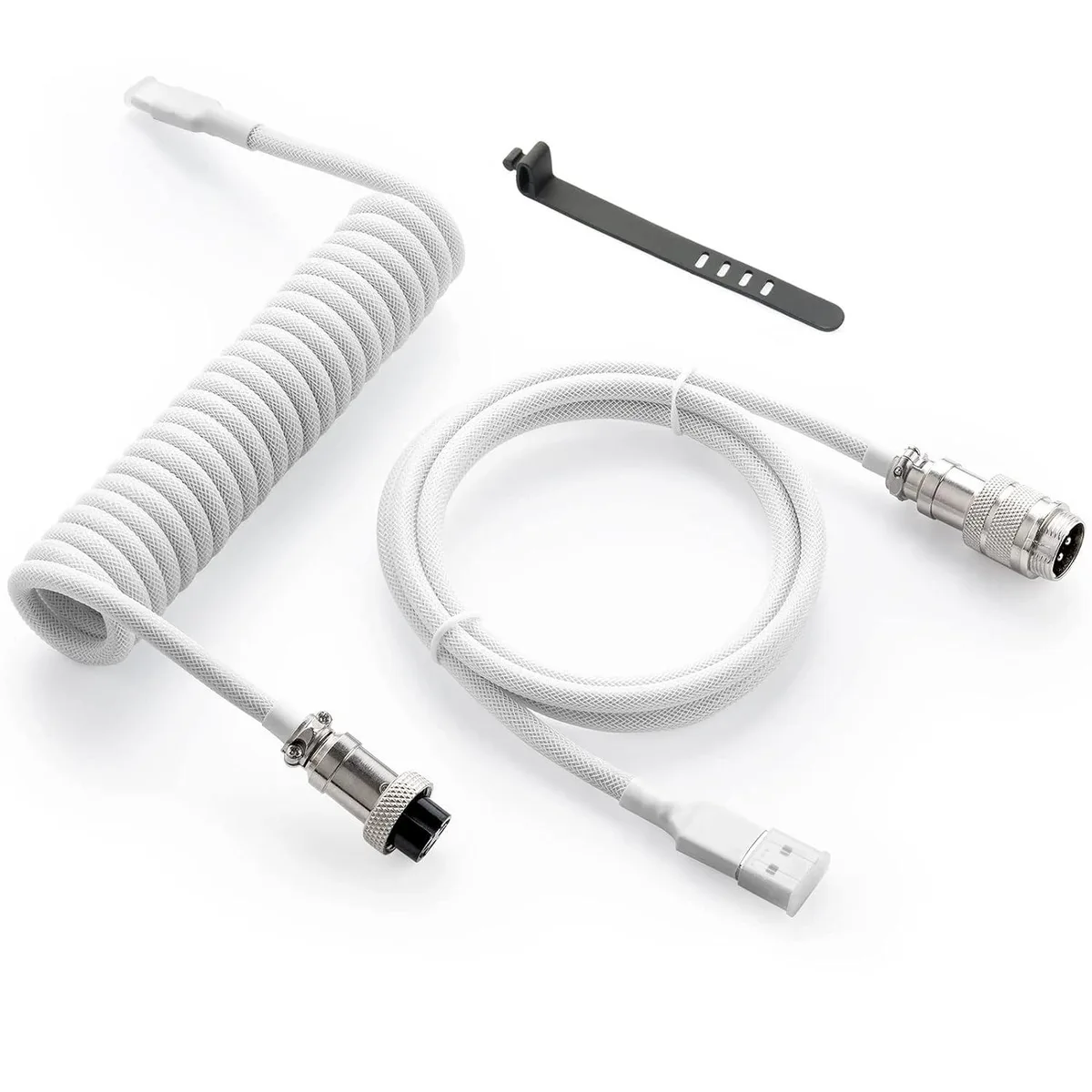 White coiled USB-C to USB-A cable with detachable metal aviator connector, 1.5m