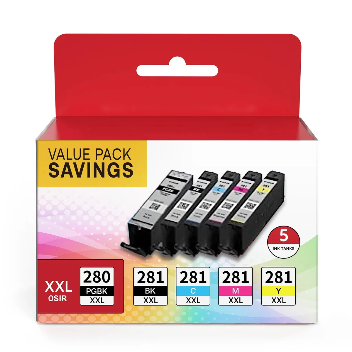 Five rectangular ink cartridges in black cyan magenta yellow and pigment black