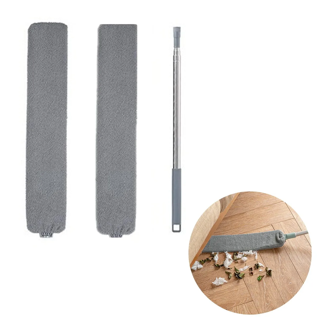 Retractable gap dust cleaner, 57 inches long, microfiber cloth cover, stainless steel handle