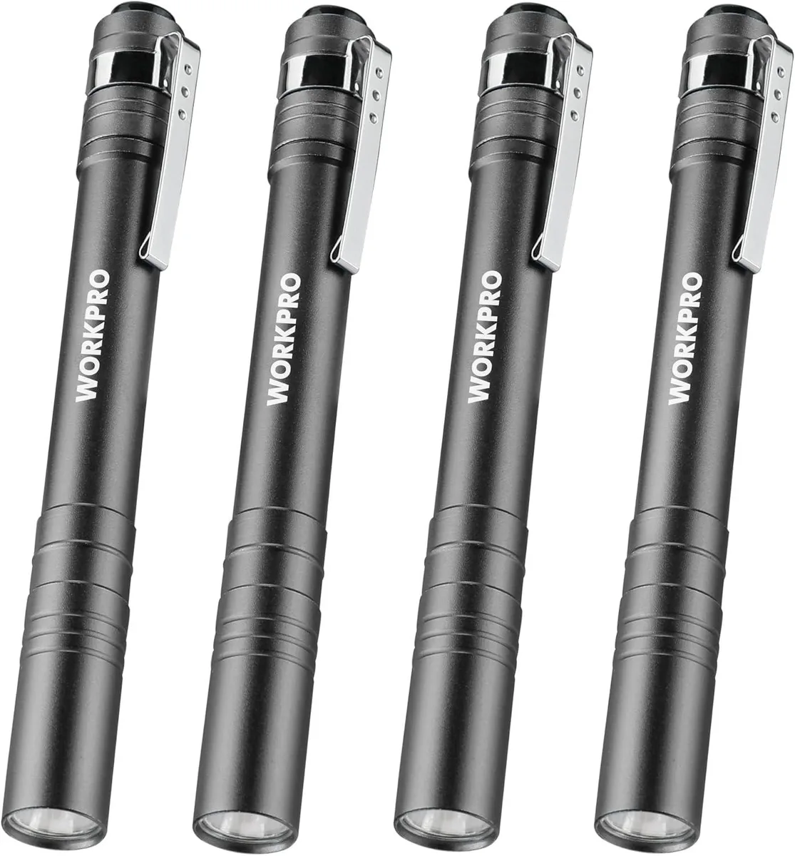 Four gray aluminum pen flashlights with pocket clips, 30g each, batteries included