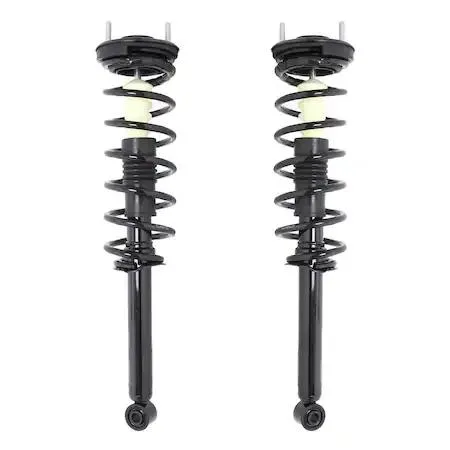 Two silver strut assemblies with coiled springs and top mounts side by side