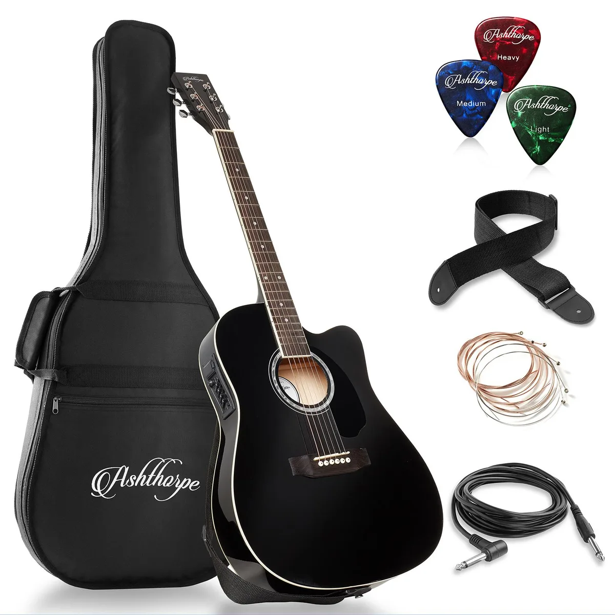 Ashthorpe Ashthorpe 41-Inch Full-Size Cutaway Thinline Acoustic-Electric Guitar Package - Black — product photo