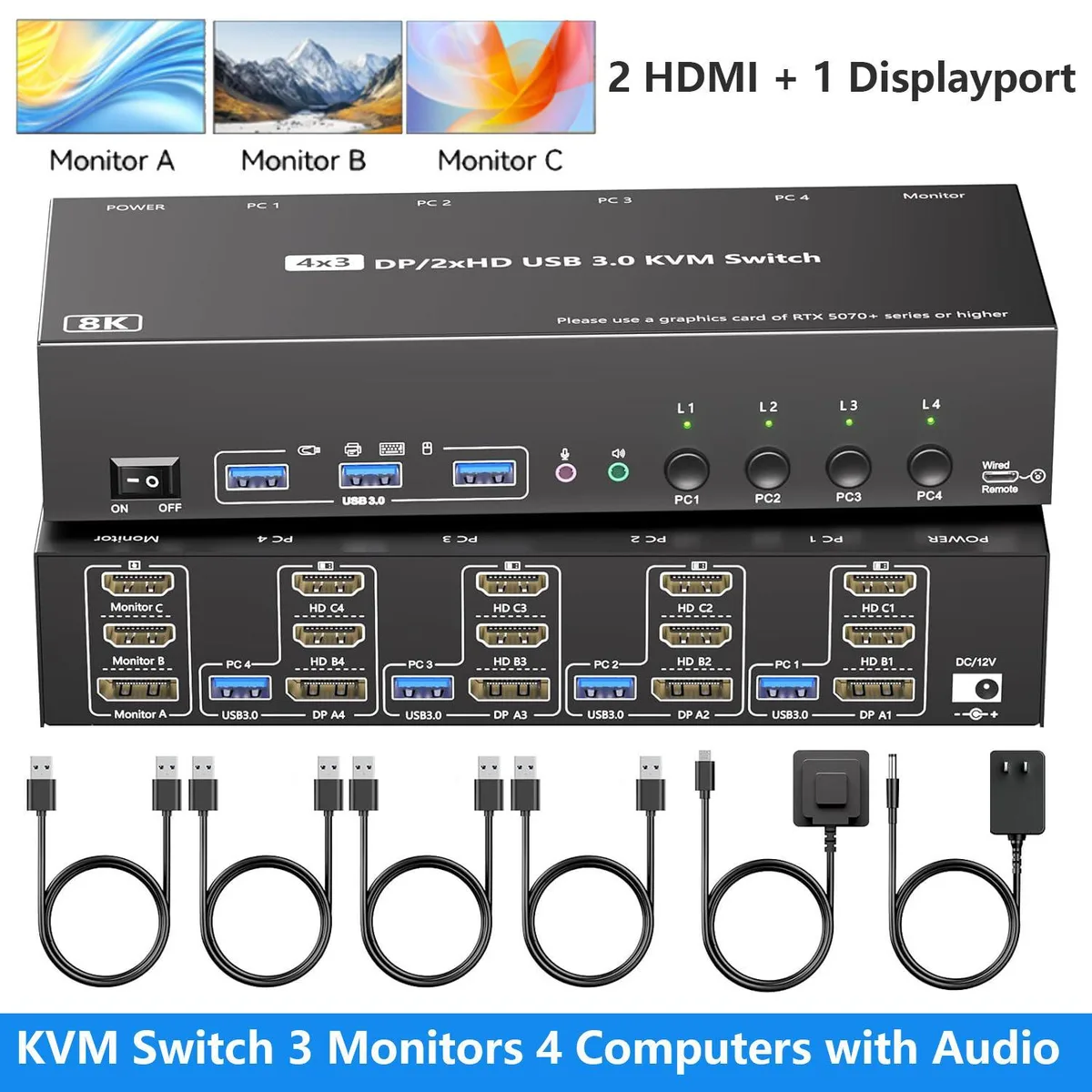 WRIARICH WRIARICH 403HHD KVM Switch 3 Monitors 4 Computers — product photo