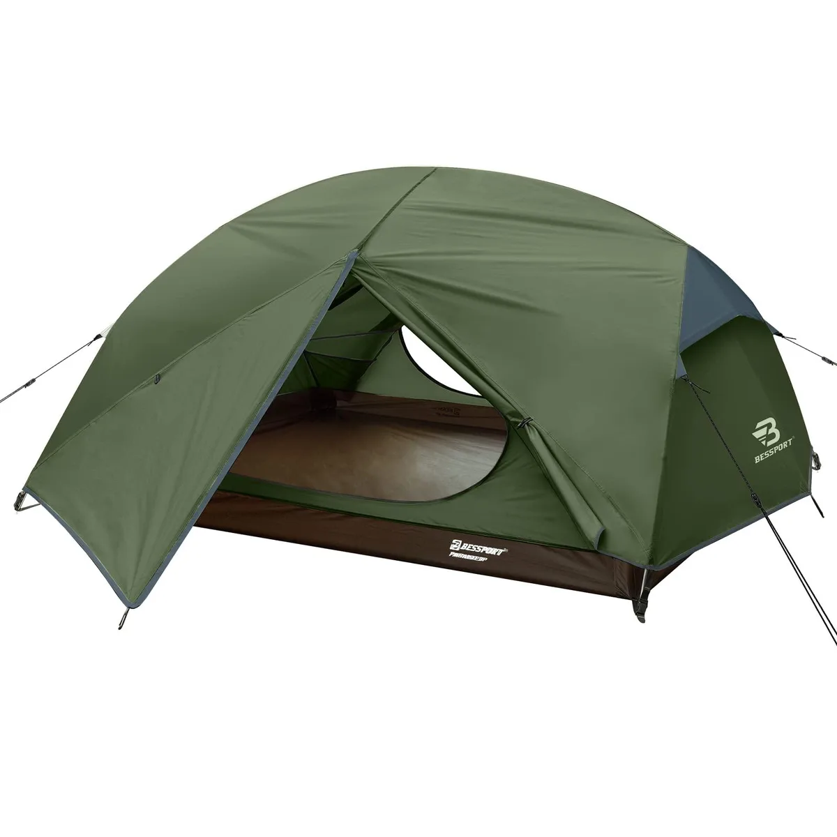 Lightweight two-person backpacking tent in grey polyester with twin D-doors and two vestibules