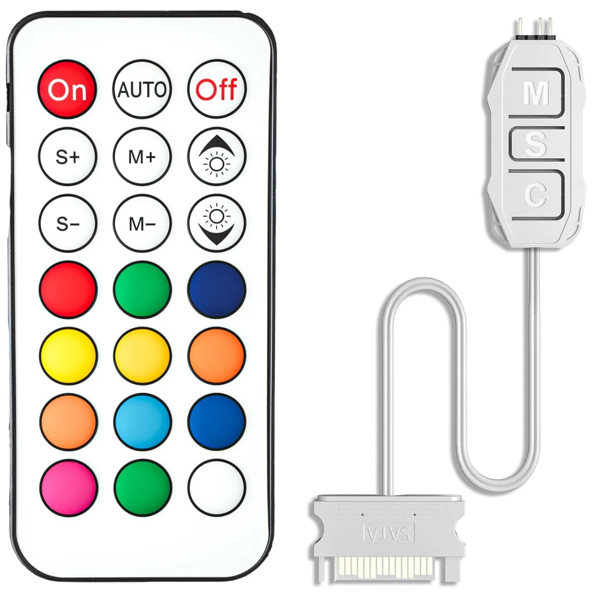 Small white rectangular ARGB controller hub with 21-key wireless remote