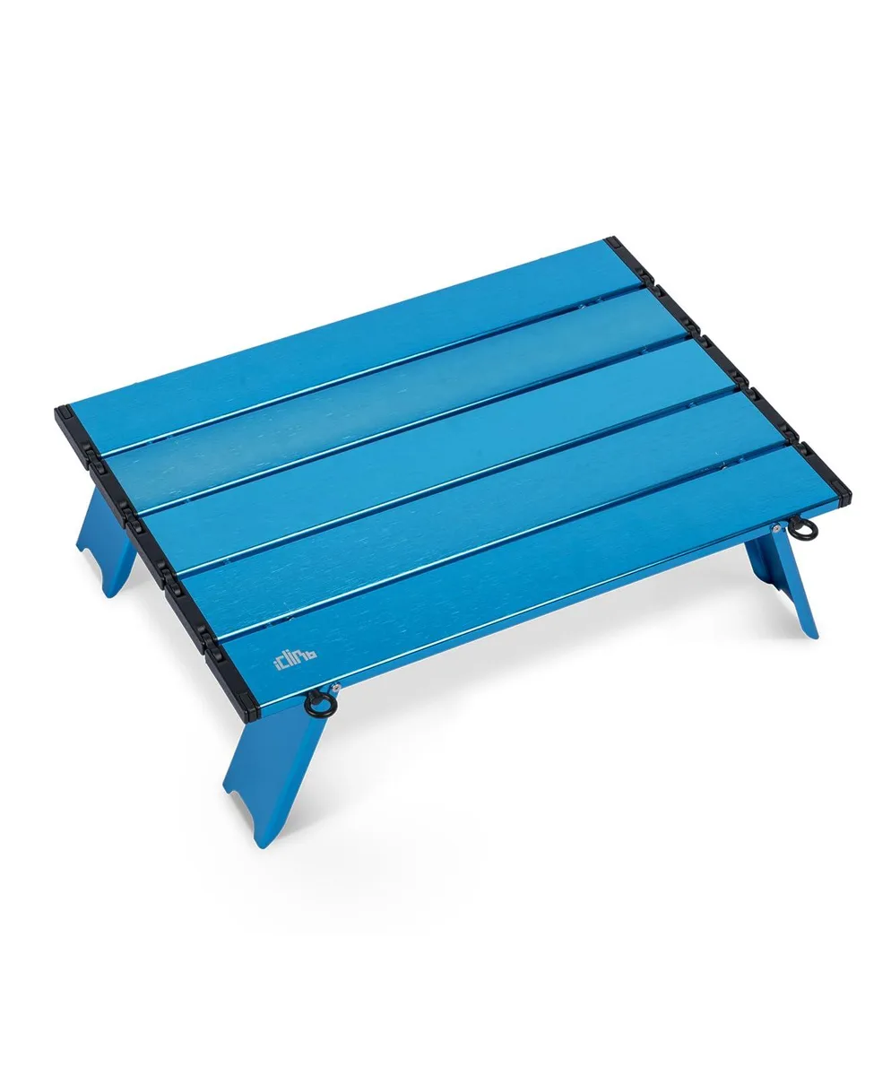 Ultralight aluminium folding table, blue frame, low profile, carry bag included