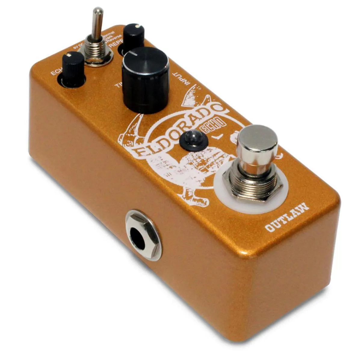 Outlaw Eldorado Echo guitar pedal, rugged metal enclosure, three control knobs, footswitch, LED indicator