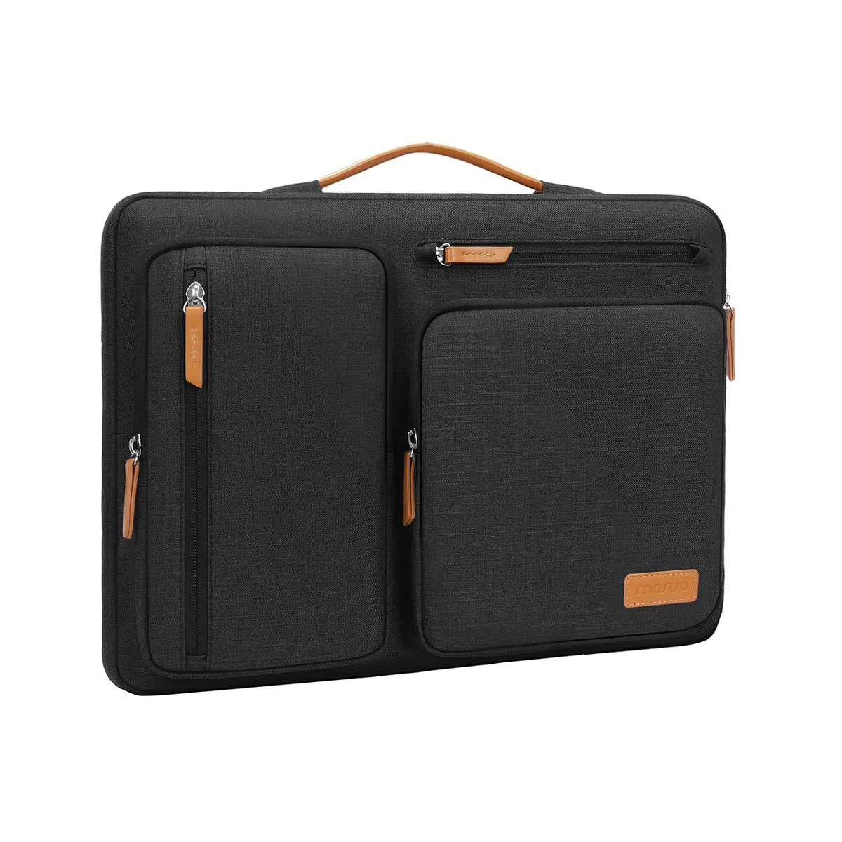 Black soft laptop case with extendable handle and four front zipper pockets