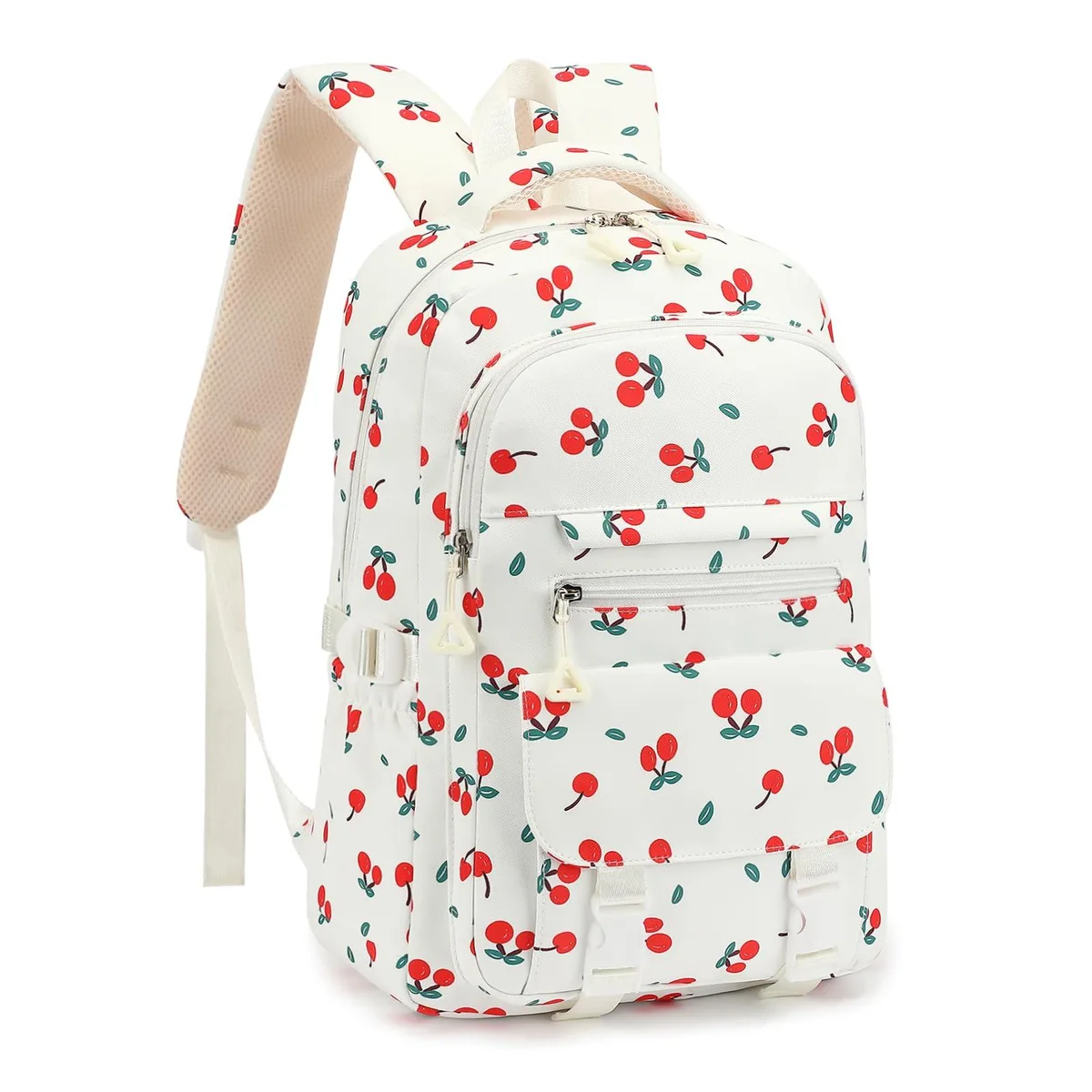 Beige cherry polyester backpack with cherry print, front pockets and padded straps
