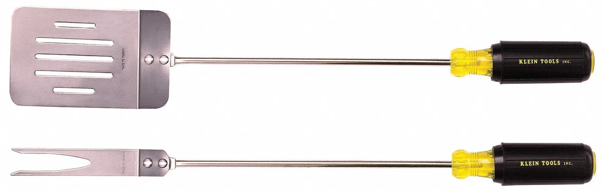 Two-piece stainless steel BBQ tool set with black cushion-grip handles, 17-inch length
