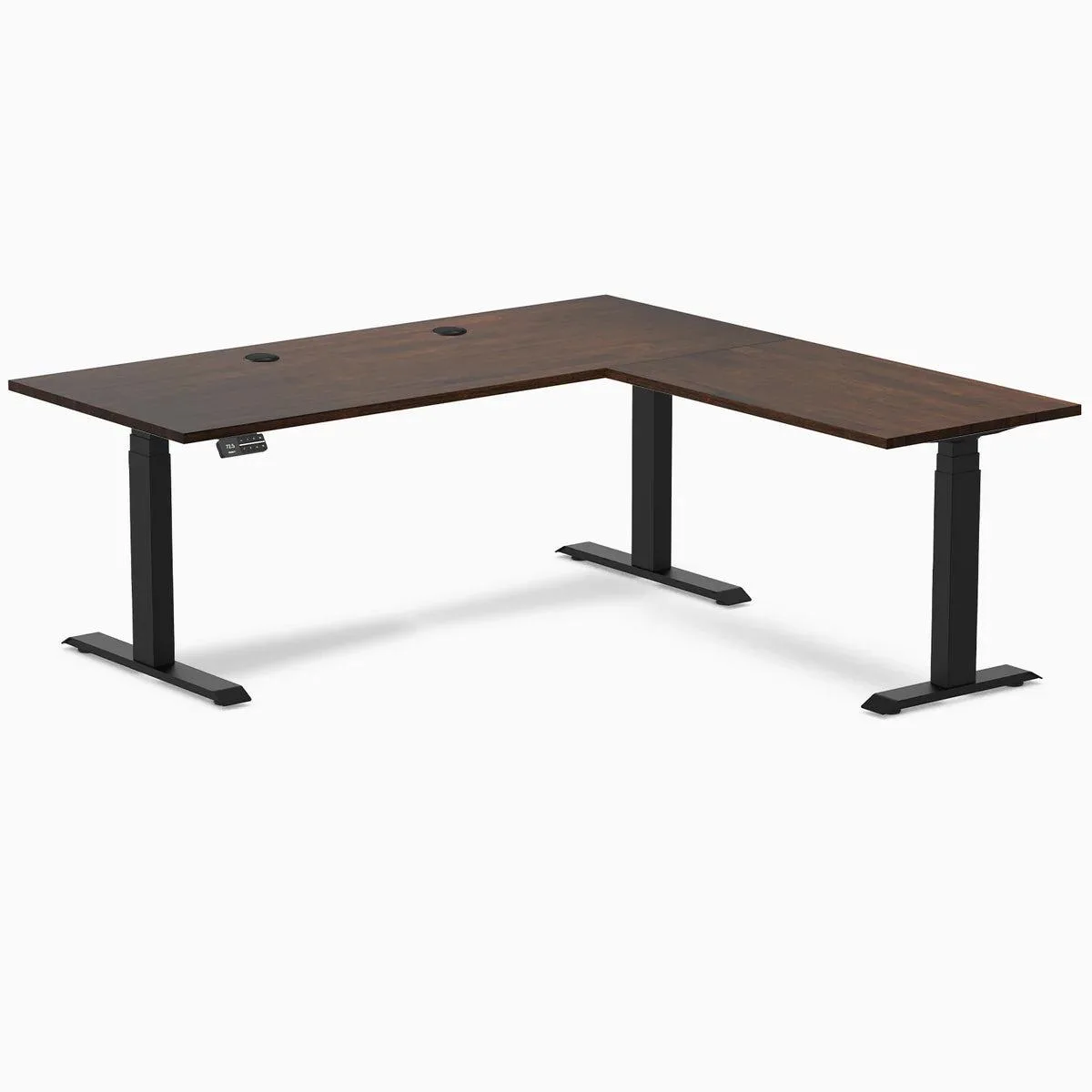 Desky Desky Rubberwood L-Shape Sit Stand Desk Dark Walnut 72 x 30 x 70 x 24 in Matte Black — product photo