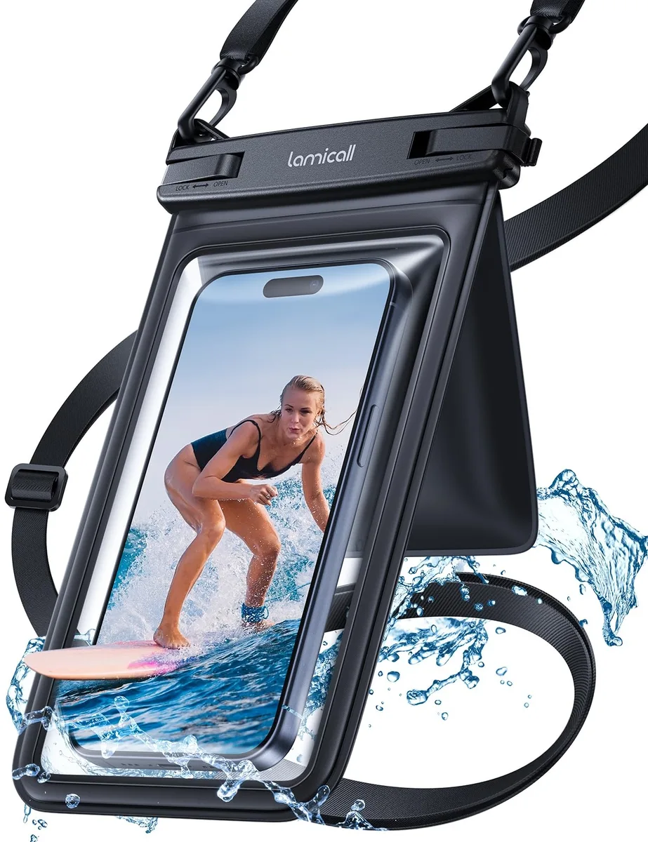 No Sew No Sew PRAB05-US-B waterproof phone pouch cover IPX8 7.5 inch double pocket 100ft 65.7in strap black — product photo
