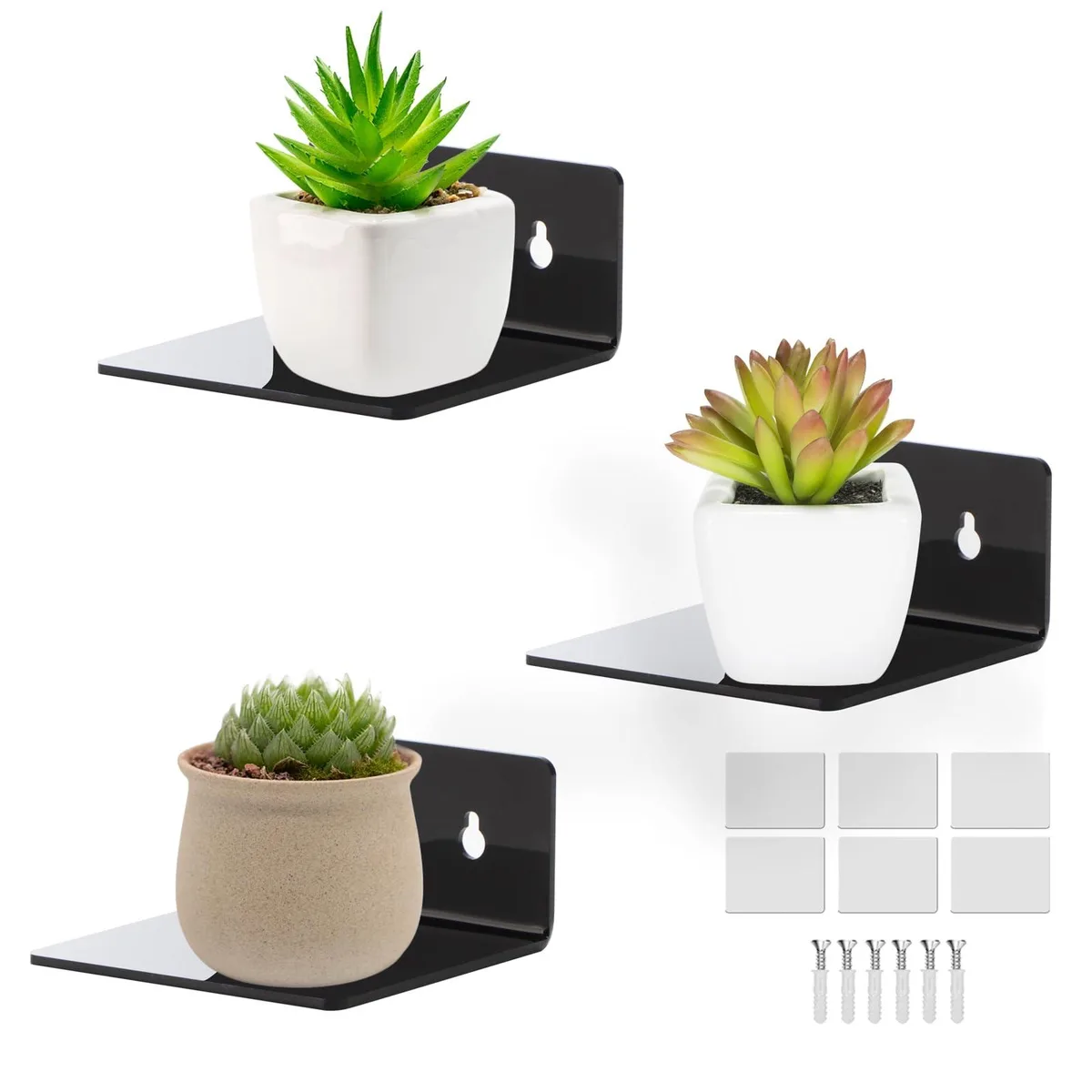 Three glossy black acrylic floating shelves, each 3.9 by 3.9 by 1.9 inches, with rounded edges
