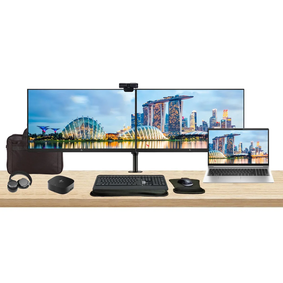 HP HP ProBook 455 G10 laptop, Ryzen 5 7530U, 16GB RAM, 256GB SSD, dual 27" monitors, dock, peripherals — product photo