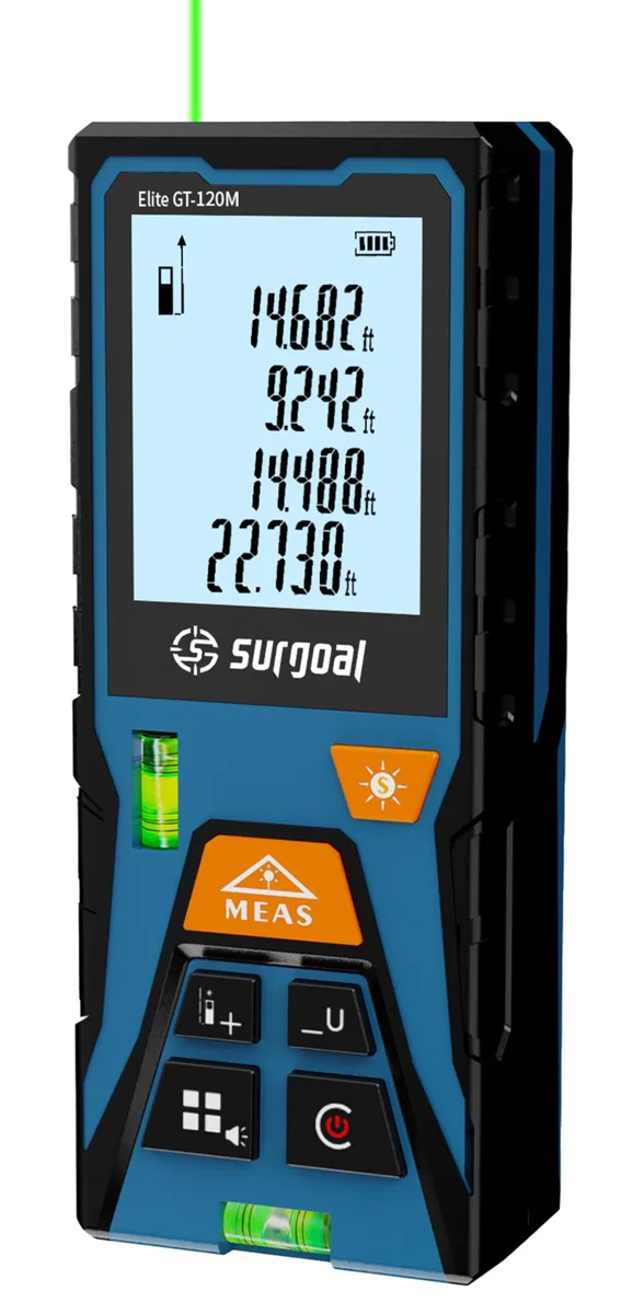 Compact green laser distance meter with backlit LCD display, AAA battery powered