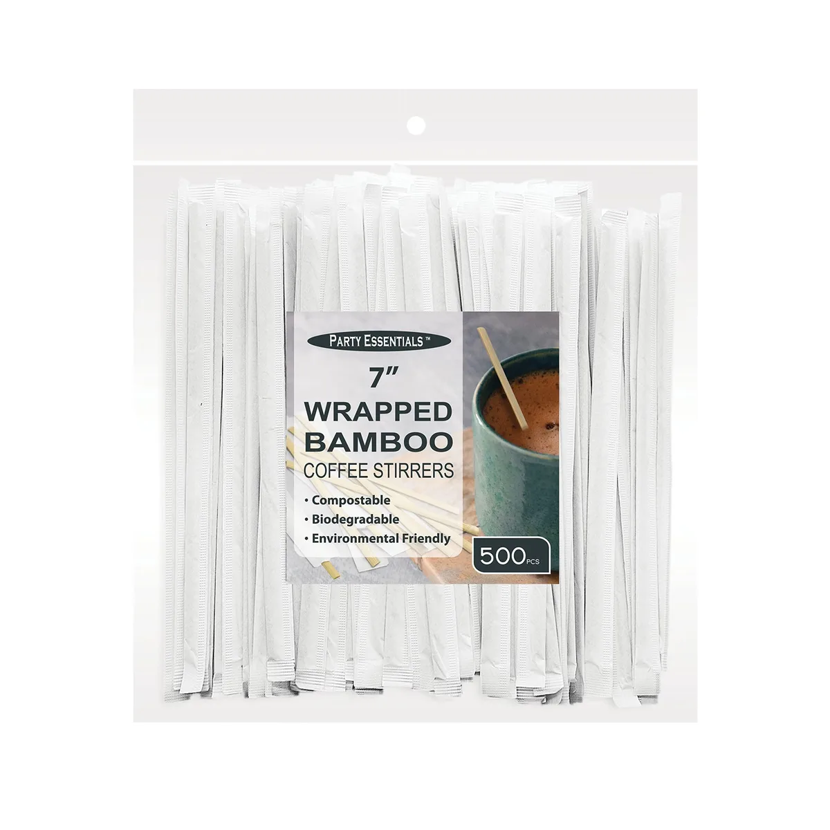 Box of 500 individually wrapped natural bamboo stirrers
