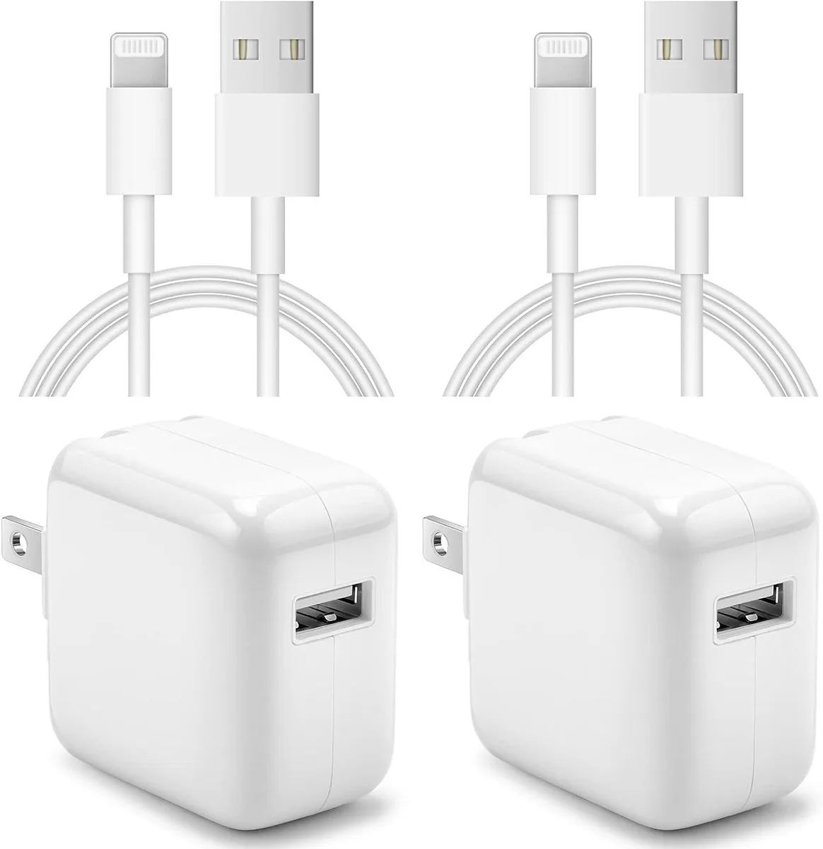 Two white USB wall chargers with foldable plugs and flat ribbon cables