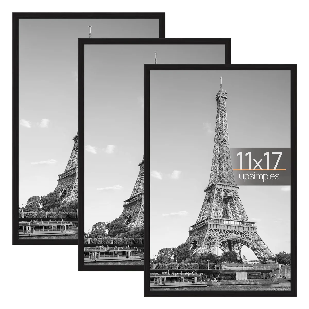 Three black plastic 11 by 17 inch poster frames with slide-together strips and hangers for vertical or horizontal mounting