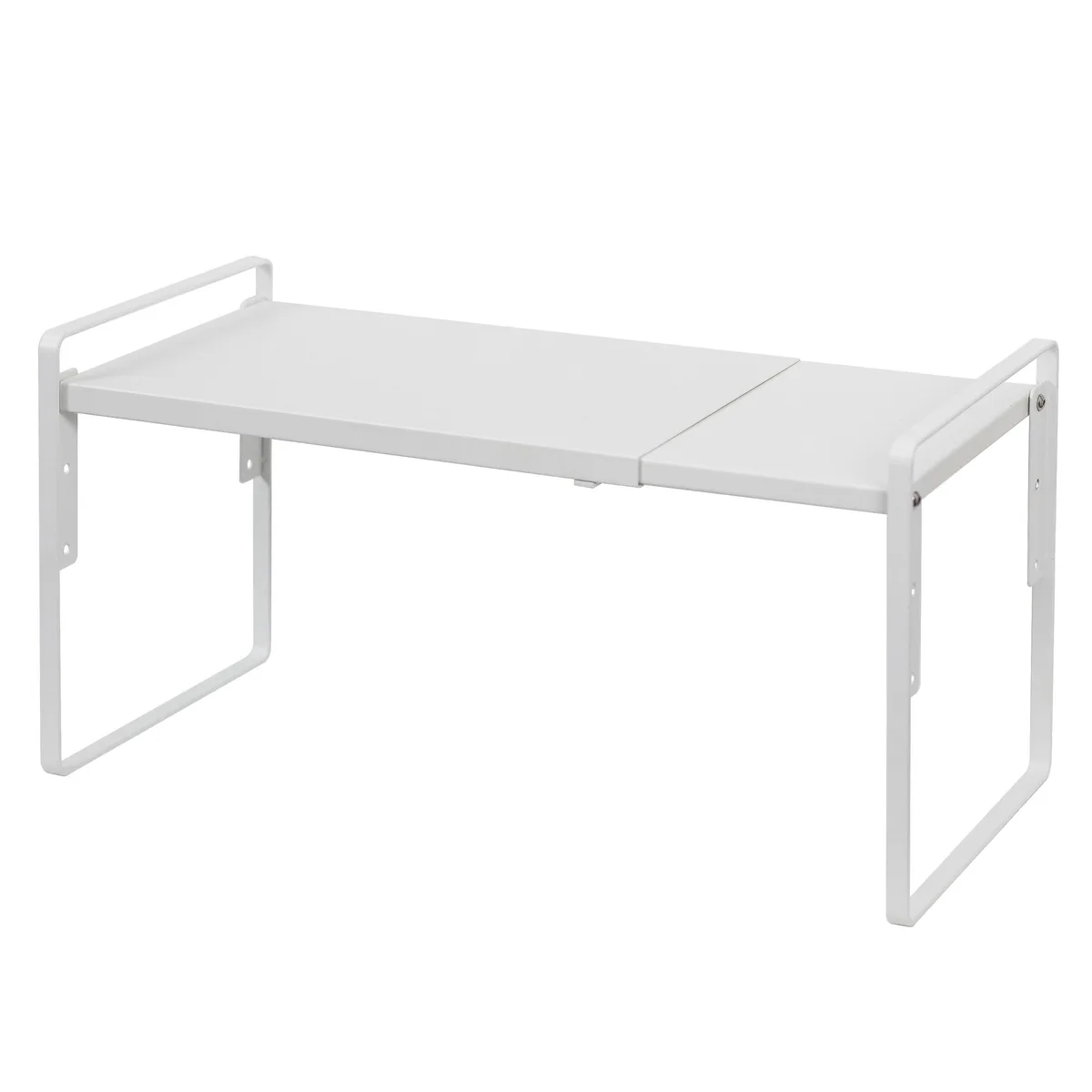 Red two-tier expandable cabinet shelf with adjustable width and height settings