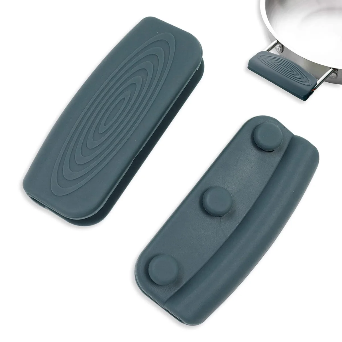 Two grey silicone handle covers with snap buttons lying flat