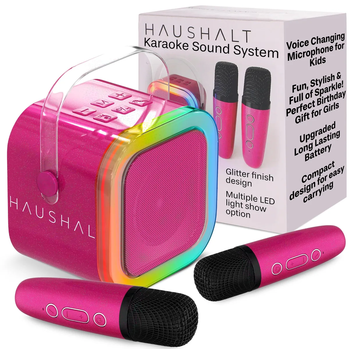HAUSHALT Mini Karaoke System MKMpinkglitter1 2 Wireless Mics Bluetooth Battery LED Lights .49kg — product photo