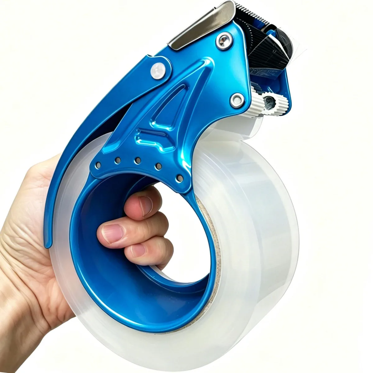 Clear packing tape roll with blue metal dispenser