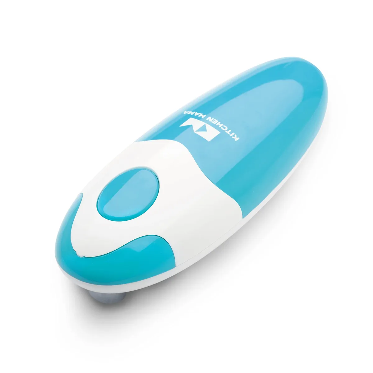 Sky blue automatic can opener with stainless steel blade and white ABS body