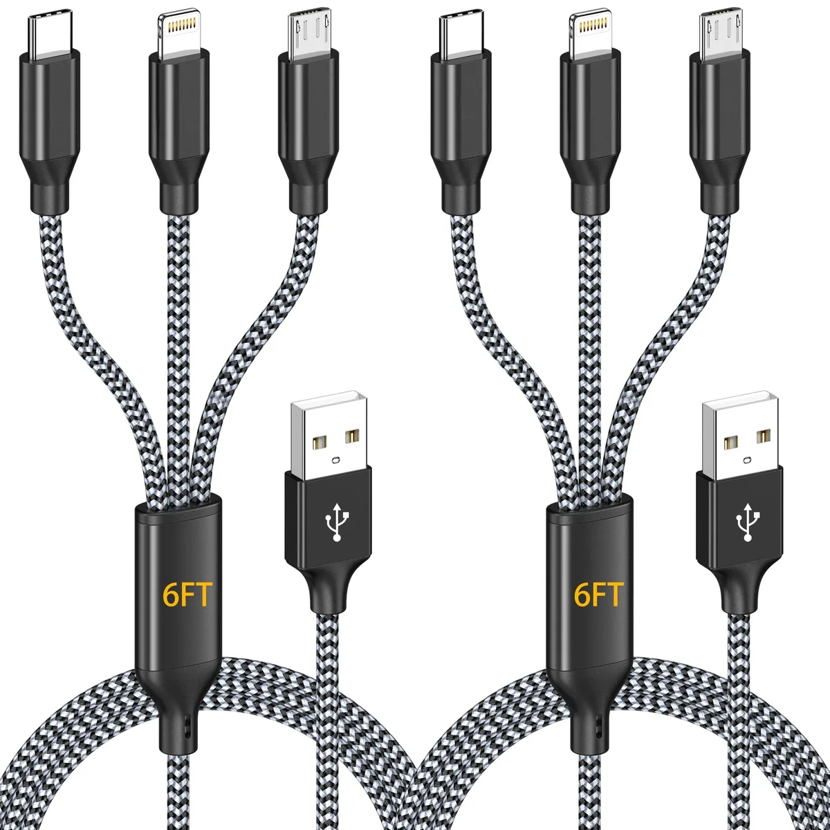 Two grey braided cables with three connector tips each