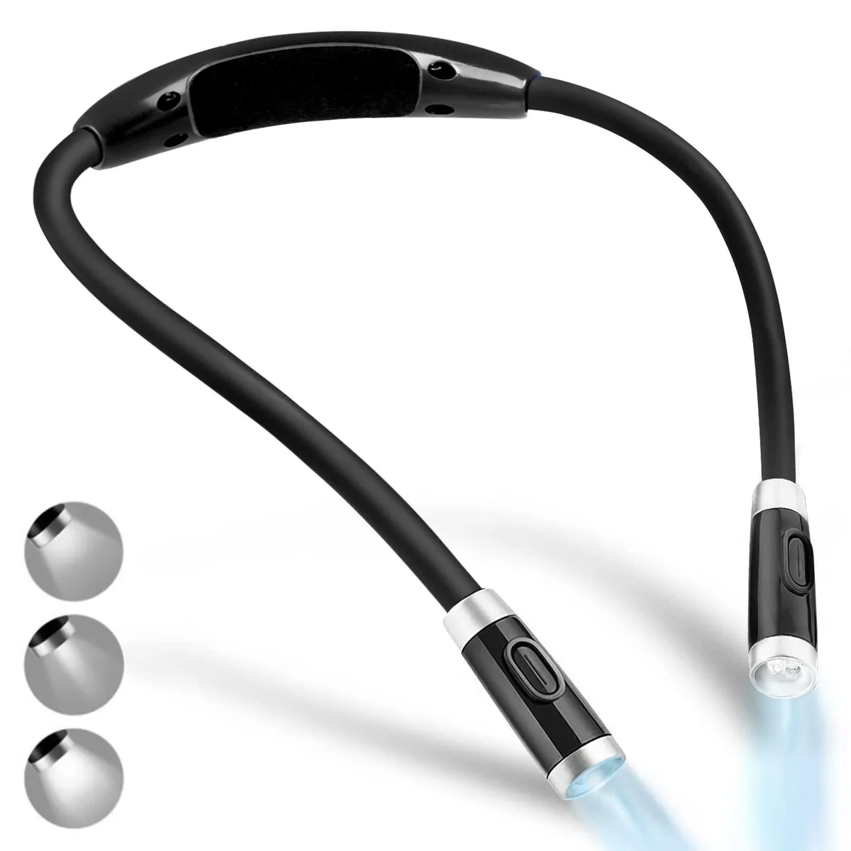 Black flexible silicone neck light with adjustable LED arms, Type-C charging port visible